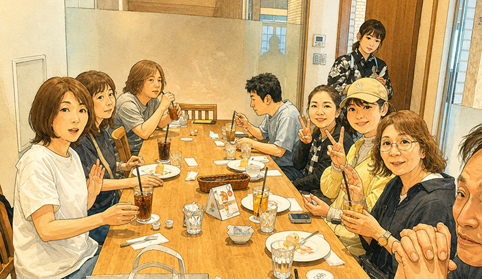 カフェでお茶をする一行