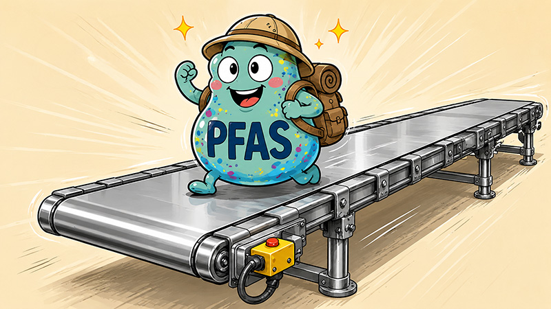 スチールベルトコンベヤの上を走るPFASくん