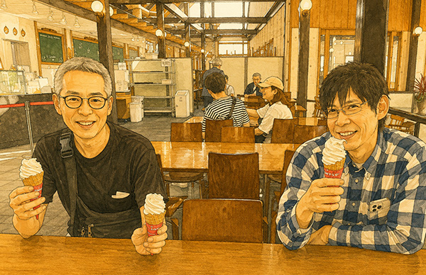 たくさんのソフトクリームを持つHさんとMさん