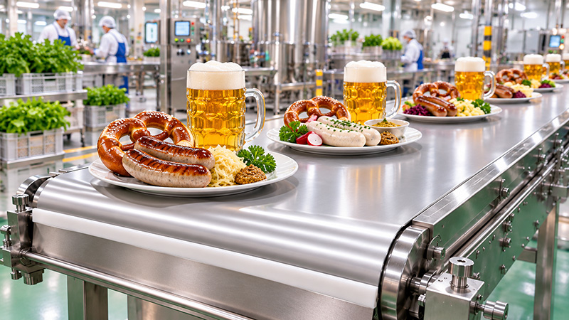 スチールベルトコンベヤでドイツのソーセージとビールを搬送するイメージ