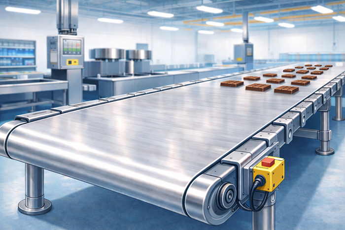チョコレートを運ぶ金属ベルトコンベア