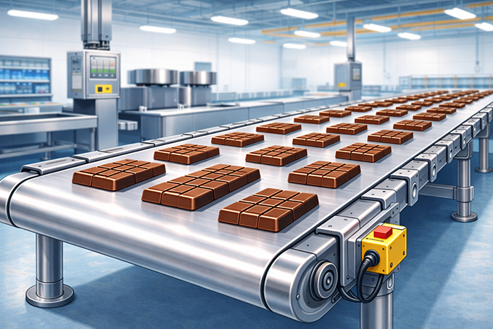 チョコレートを運ぶ金属ベルトコンベヤ