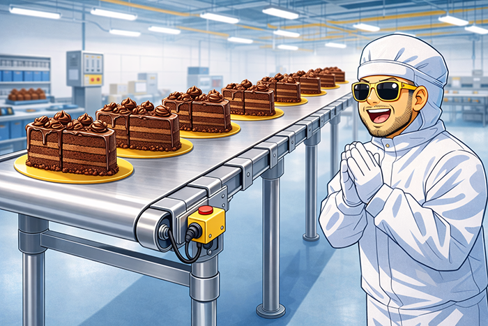 チョコレートケーキを運ぶ金属ベルトコンベア