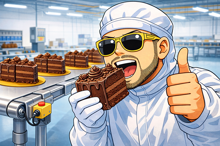 チョコレートケーキを運ぶ金属ベルトコンベヤ