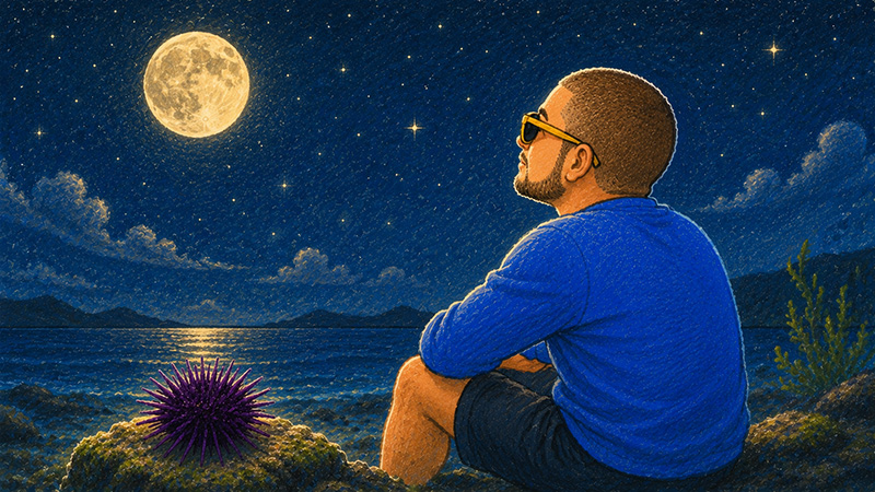 ムラサキウニと夜の海でを月を眺める小鳥遊
