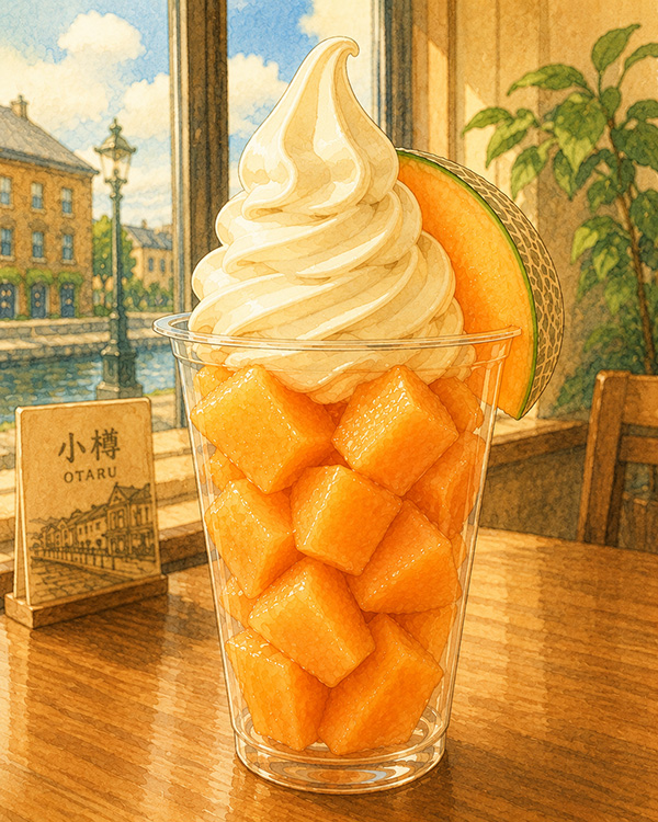 オレンジメロンの上にソフトクリームが乗ったメロンソフト