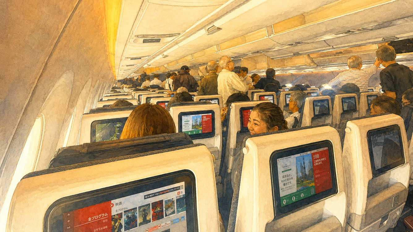 社員旅行へ向かう飛行機内
